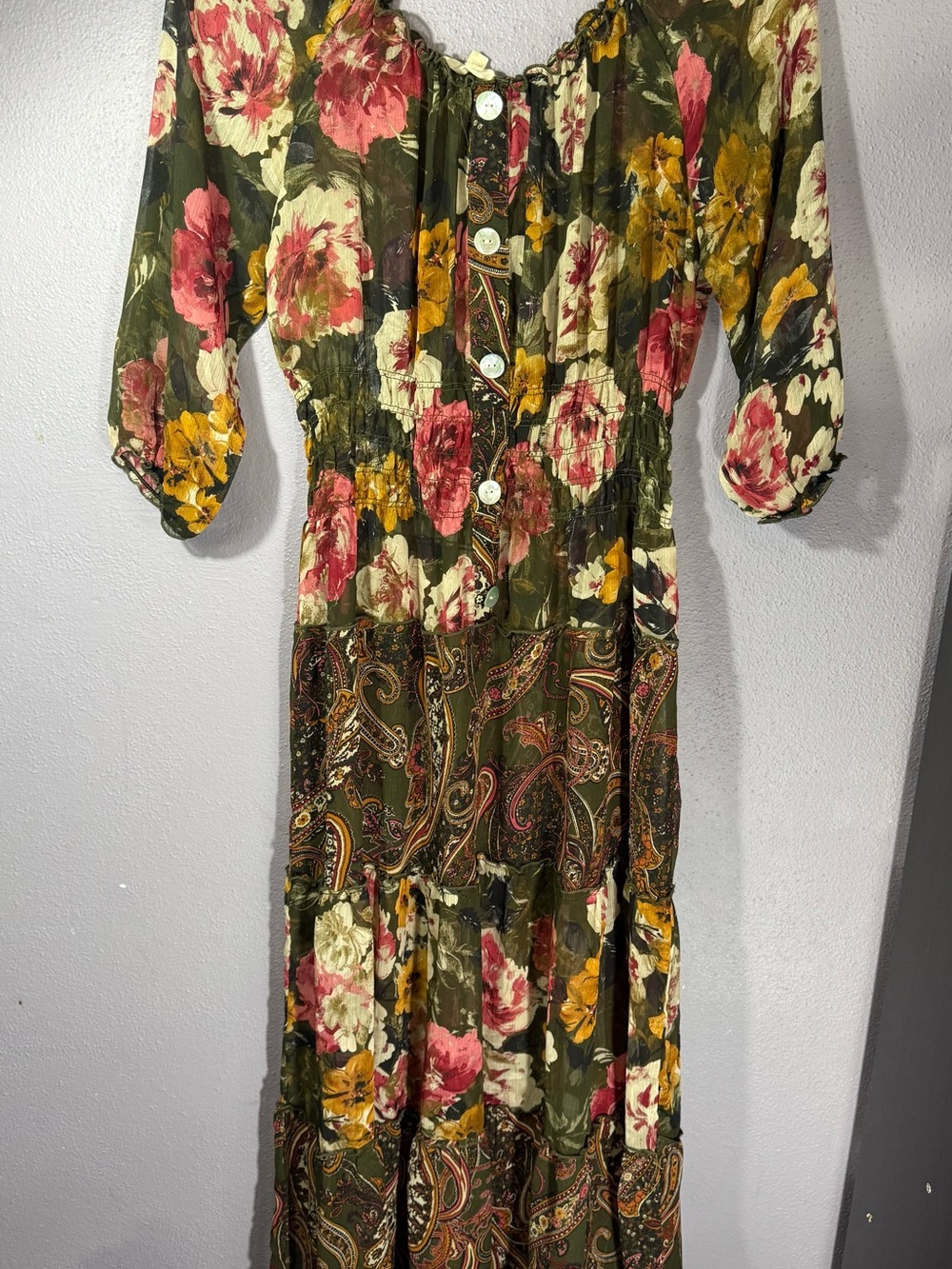 Olive Floral Strapless Midi Dress with Button Front